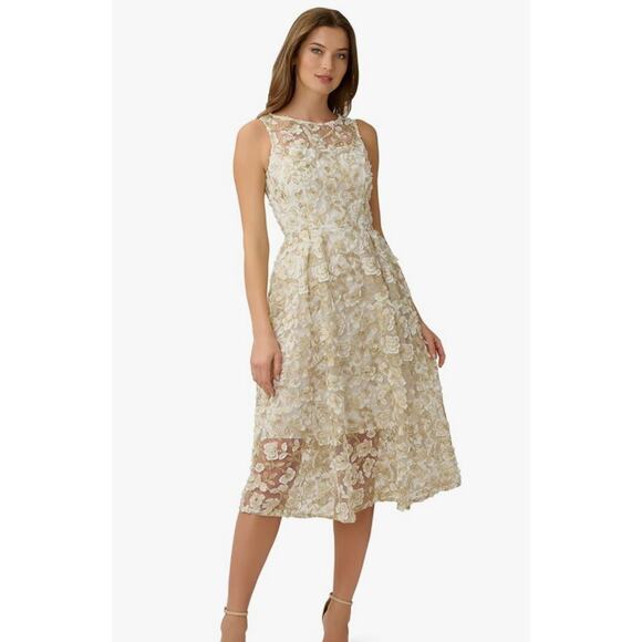 NWT Adrianna Papell 3D Lace Midi Fit & Flare Dress Size 8 Ivory Gold - Picture 1 of 14